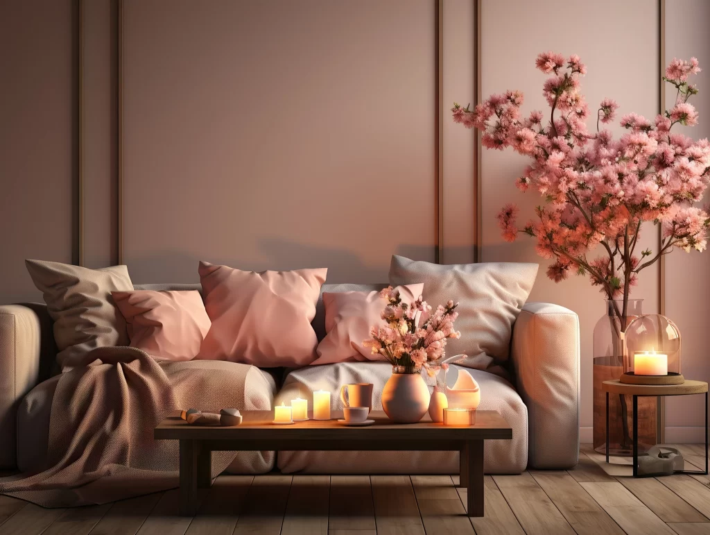 Sala pequena decorada com paleta de cores terrosas e plantas