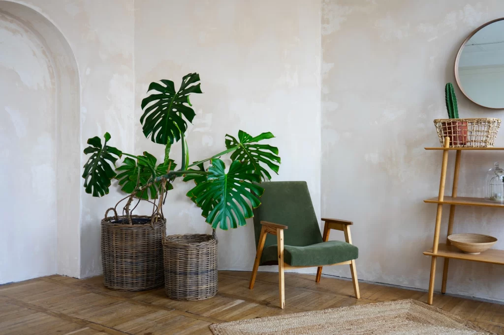 Decoração de sala pequena com sofá claro, espelho grande na parede e plantas